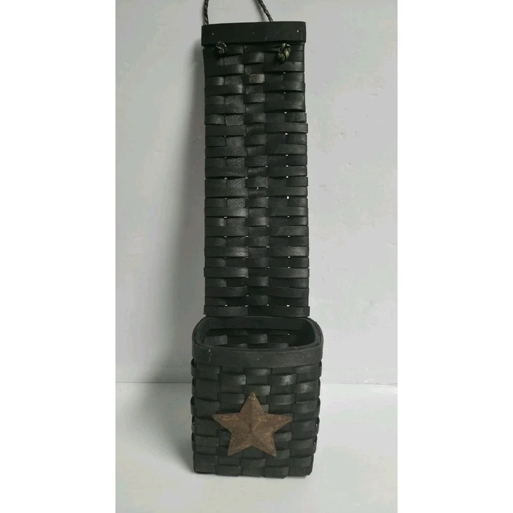 Primitive Black Woven Hanging Wall Basket Pocket Rusty Star Primitive Country